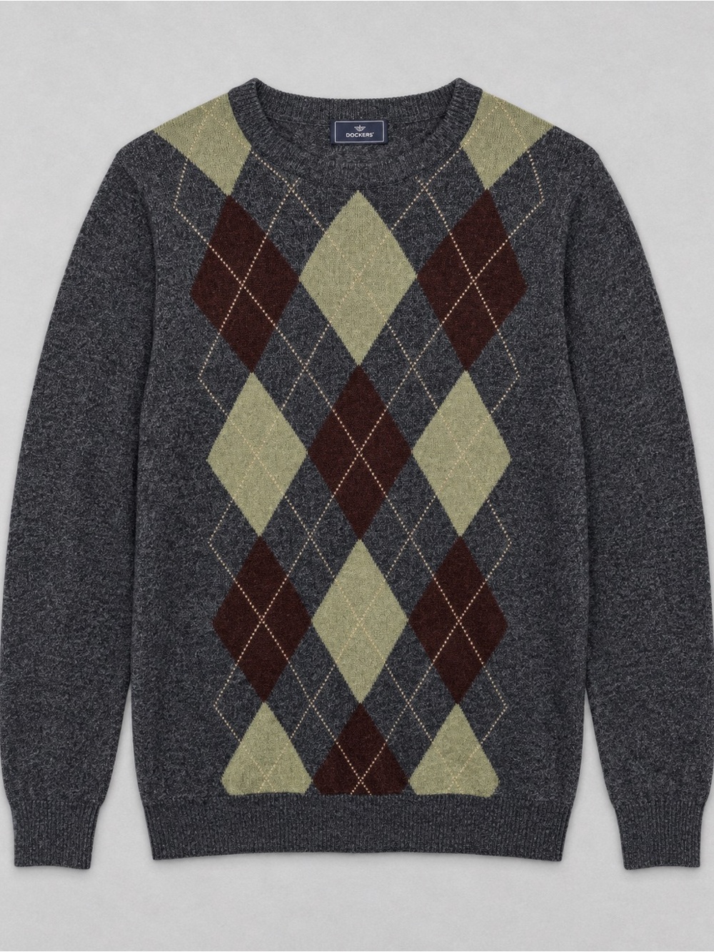 Dockers Men’s Charcoal Argyle Crew Neck Sweater - Olive & Brown Pattern Size M